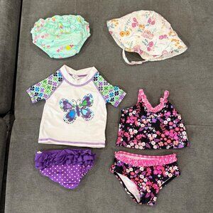 6-9M Girls Swim Bundle – Rashguard, Swimsuits, Swim Diapers & Angel Dear Sun Hat
